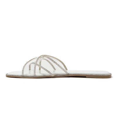 Ninety Union Atlanta Criss Cross Flat Slide With Studded Trim, White, 5