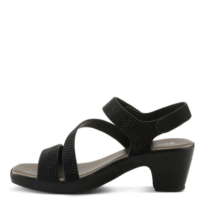 PATRIZIA Women's YADIEL Hook and Loop Sandals – Low Block Heel with Asymmetrical Crystal-Strap Design BLACK EU 36 / US 5.5-6