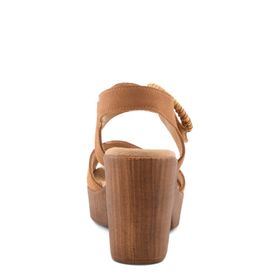 Spring Step Women's Gamona Ankle-Strap Heeled Sandal with Decorative Buckle - Cork Chunky High Heel Tan Suede EU 36/5.5-6