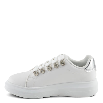PATRIZIA Women's Leontine Sneakers with D-Ring Metallic Eyelets, Crystal Embellishments, and Comfortable Fit White EU 38/ US 7.5-8