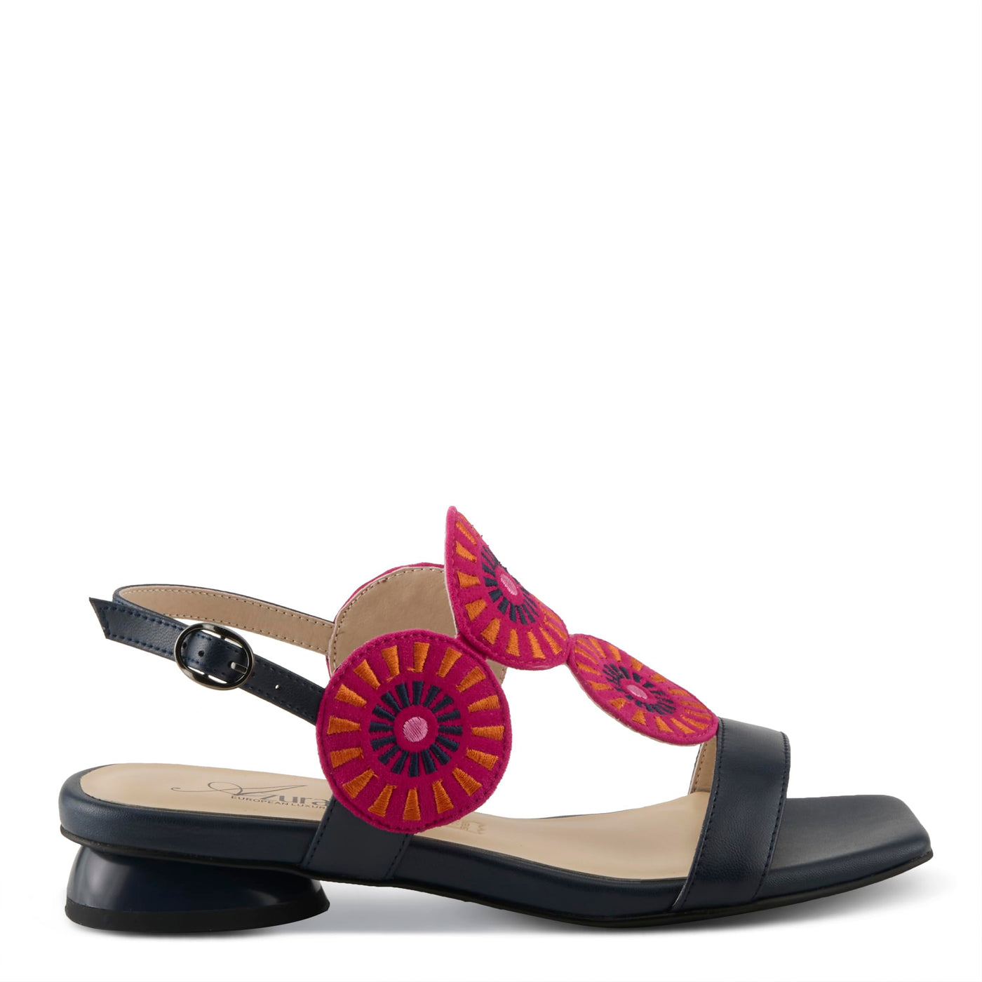 Azura Women's BROIDER Buckle Sandals - Leather Upper, Cushioned Footbed, Adjustable Slingback NAVY MULTI EU 38 / US 7.5-8