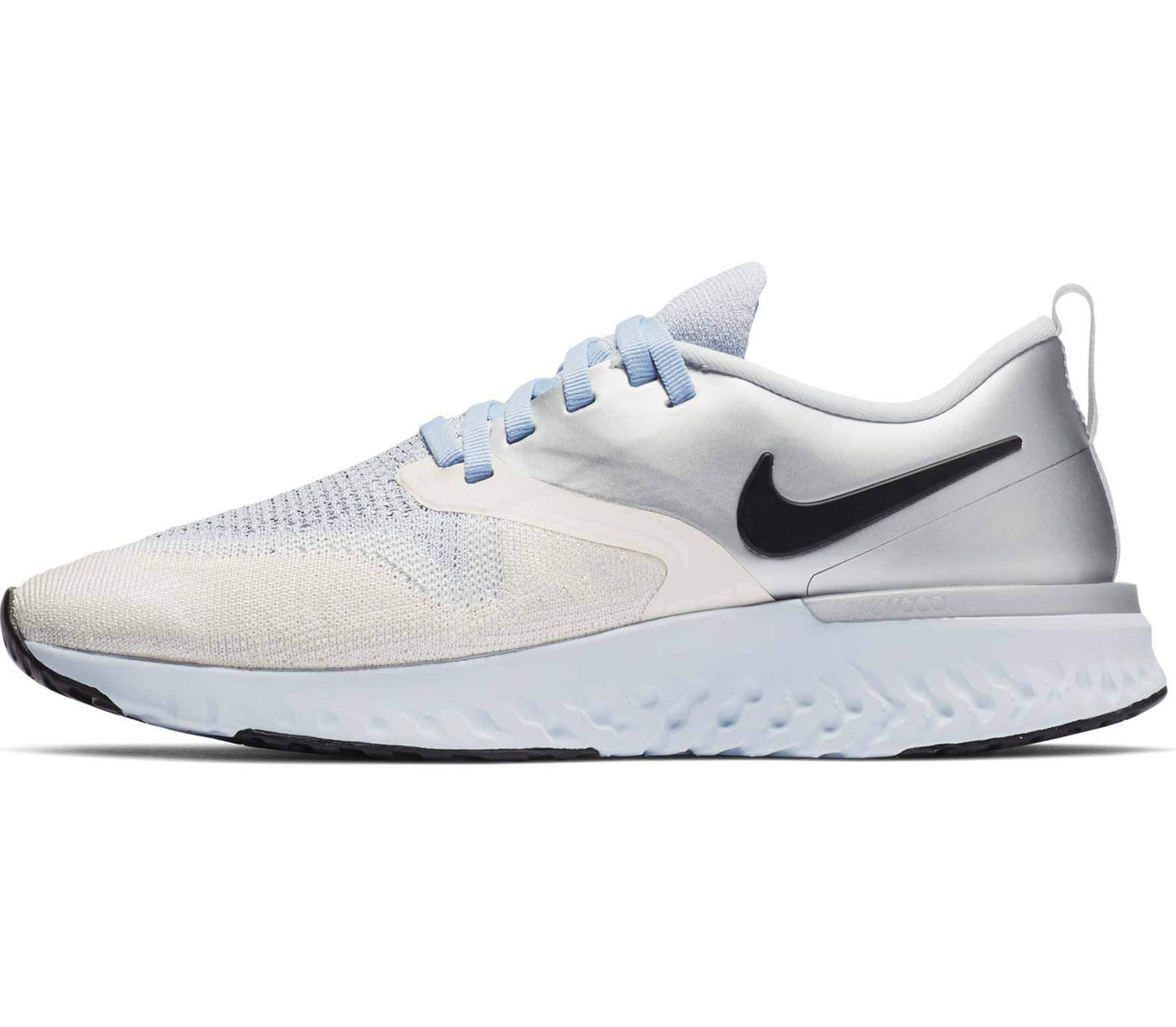 Nike Womens Odyssey React Flyknit 2 Mesh Running Shoes (9, Metallic Silver/Black/Sail)