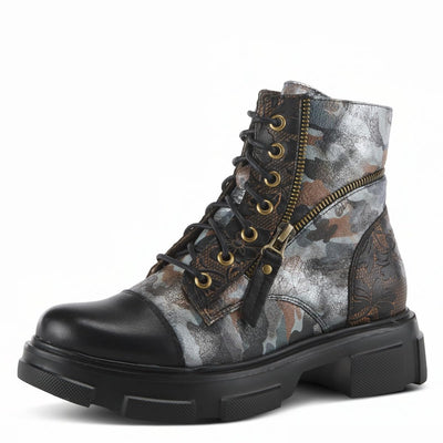 Spring Step L'Artiste Carnelian Booties for Women - Leather Ankle Boots with Lace-up and Zipper - Hand-Painted Womens Boots for Outdoor - Black Multi EU 37 / US 6.5-7