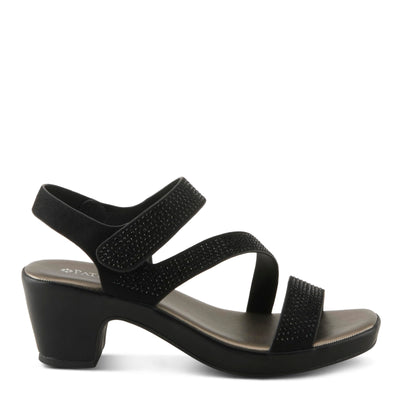 PATRIZIA Women's YADIEL Hook and Loop Sandals – Low Block Heel with Asymmetrical Crystal-Strap Design BLACK EU 36 / US 5.5-6