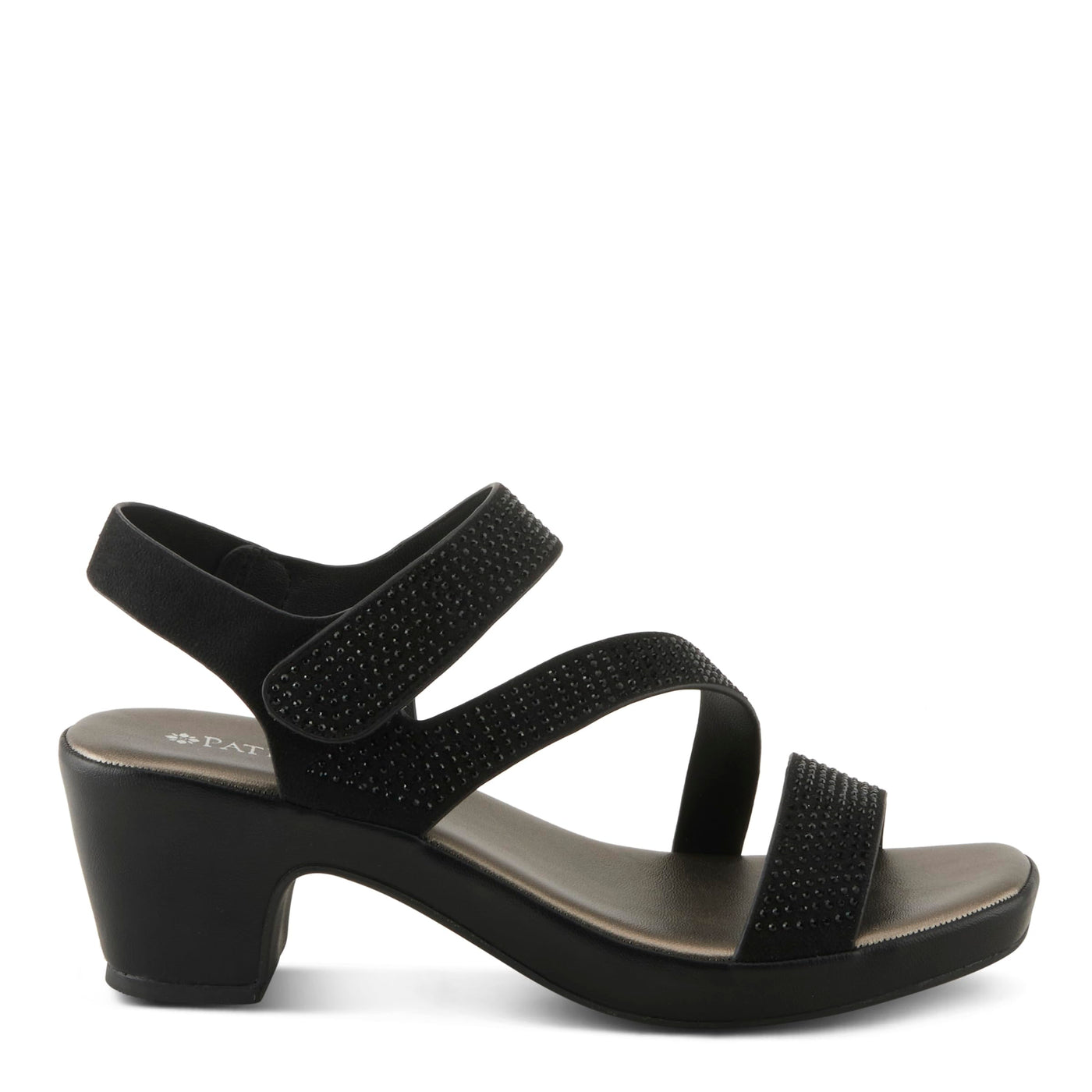PATRIZIA Women's YADIEL Hook and Loop Sandals – Low Block Heel with Asymmetrical Crystal-Strap Design BLACK EU 40 / US 9