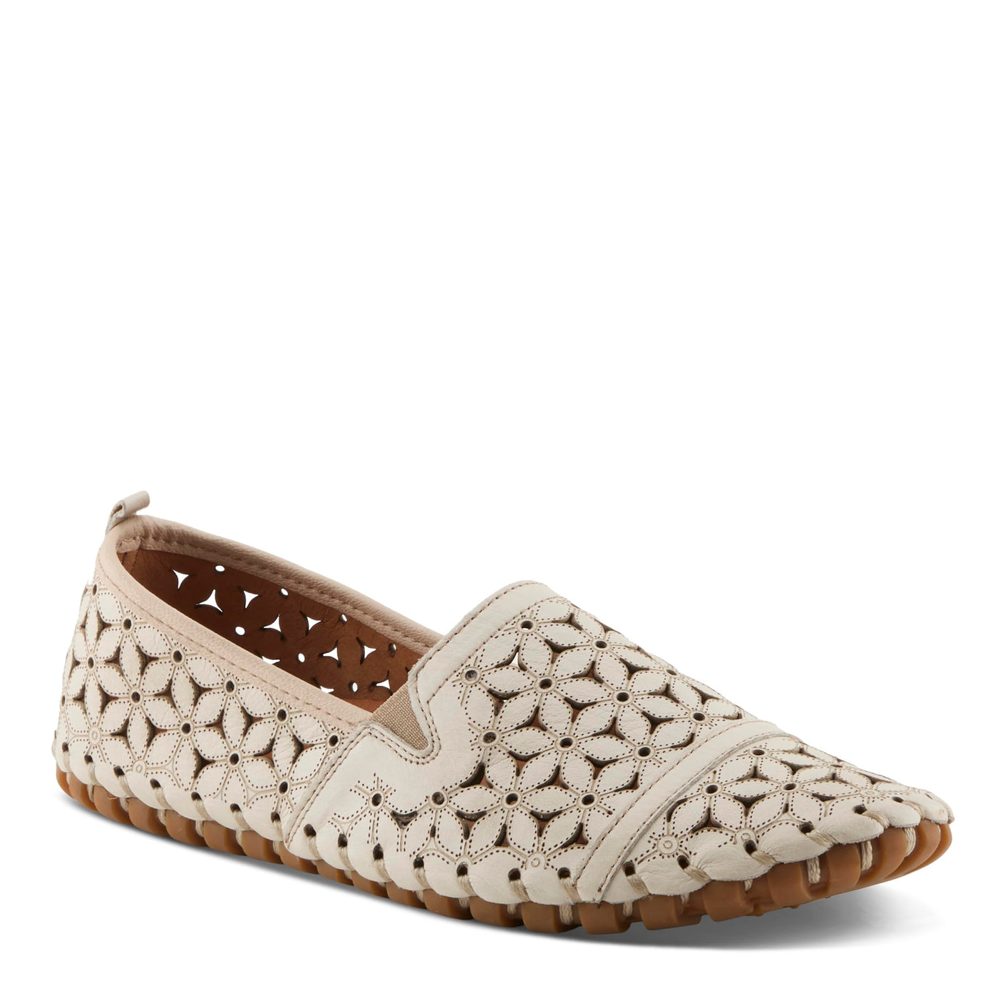 Spring Step Flowerflow Shoes for Women - Leather Womens Loafer with Floral Laser Cutout - Comfortale Slip-On Shoes for Womens Beige