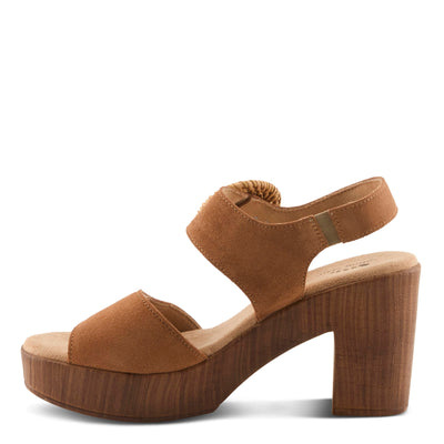Spring Step Women's Gamona Ankle-Strap Heeled Sandal with Decorative Buckle - Cork Chunky High Heel Tan Suede EU 35/5