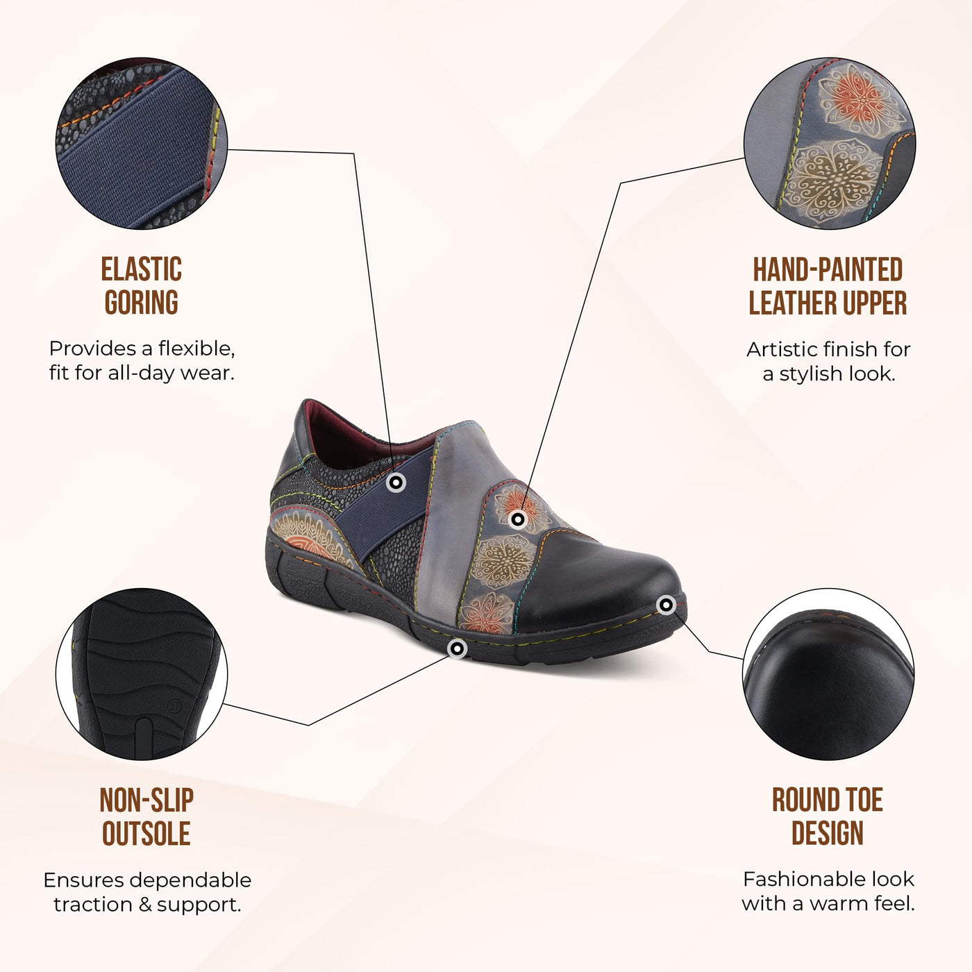 L'Artiste Lata Burnished Slip for Women with Rainbow Stitching | Walking Shoes with Hand Painted Geometric Design and Zipper Closure