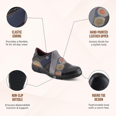 L'Artiste Lata Burnished Slip for Women with Rainbow Stitching | Walking Shoes with Hand Painted Geometric Design and Zipper Closure