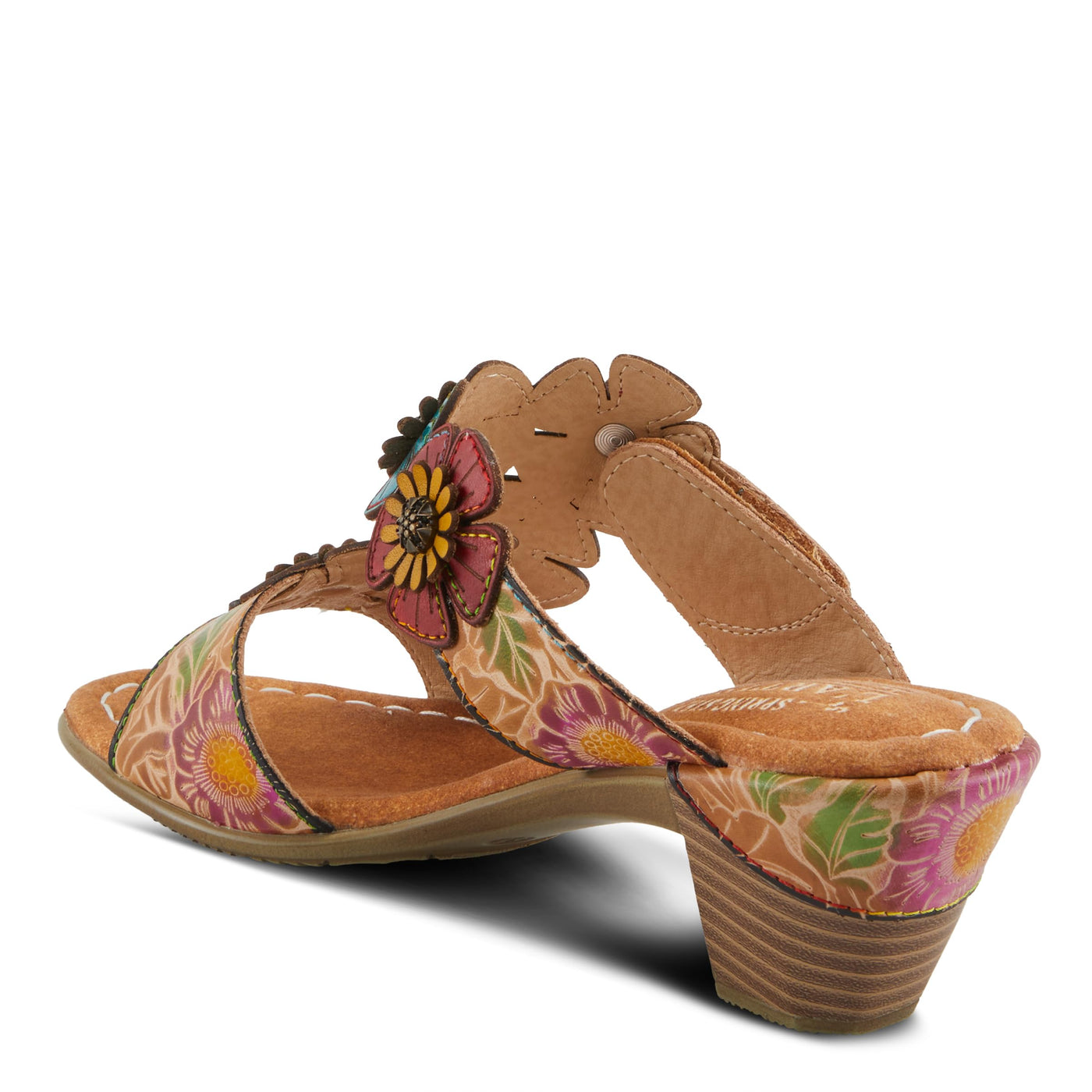 Spring Step L'Artiste Women's SUMMERFUN Hand-Painted Sandals - Leather Wrapped Heel, Asymmetrical Flower Design Tan Multi EU 38 / US 7.5-8