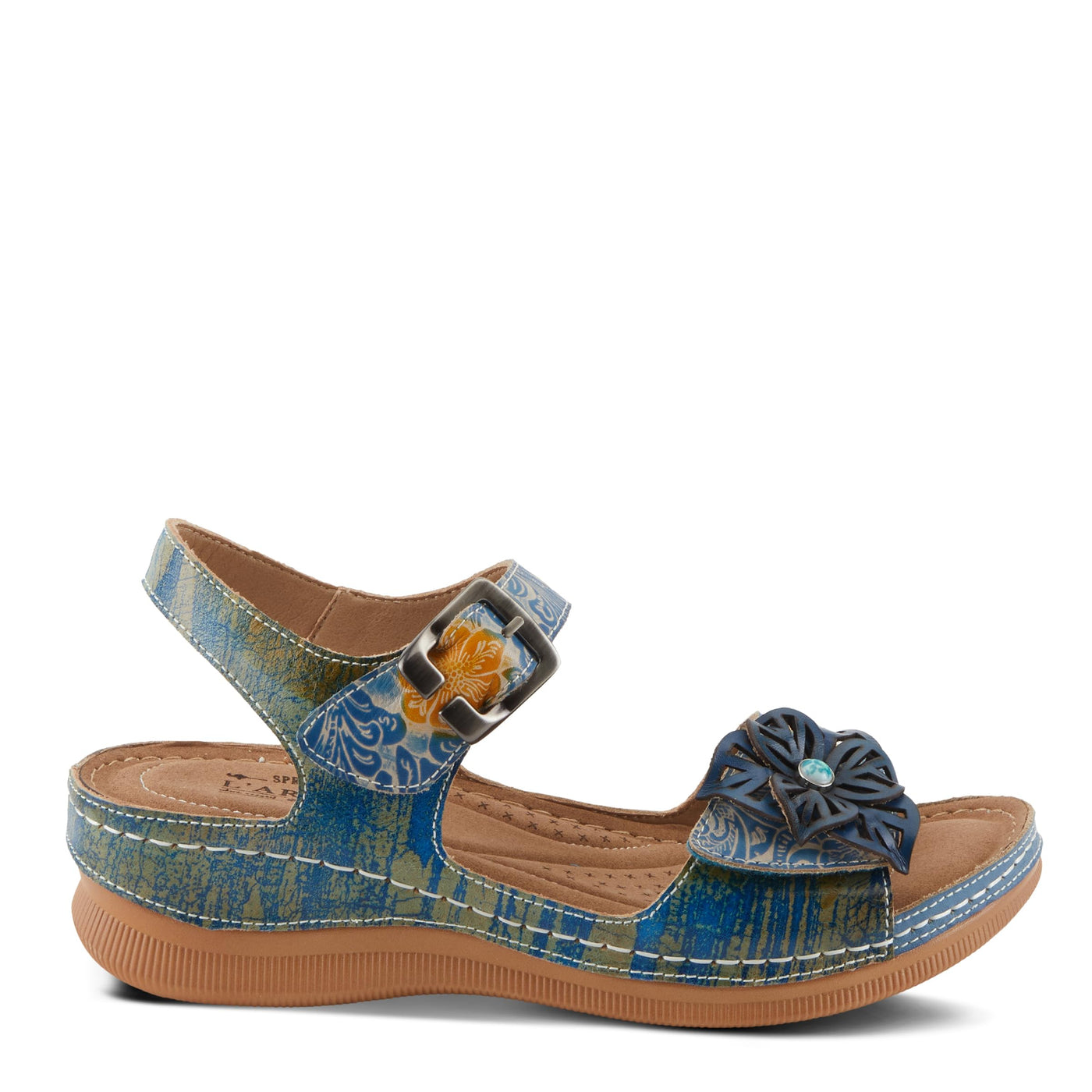 Spring Step L'Artiste Women's JENELLA Hand-Painted Leather Sandals | Chic Floral Embellishments and Customizable Fit Blue Multi EU 40 / US 9