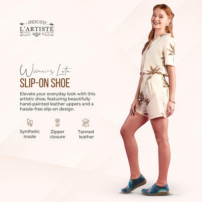 L'Artiste Lata Burnished Slip for Women with Rainbow Stitching | Walking Shoes with Hand Painted Geometric Design and Zipper Closure