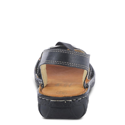 Spring Step Women's KARMEL Comfort Wedge Sandals - Genuine Leather with Elastic Straps & Metal Ornament - Cork-Inspired Textured 1.5" Heel - Hand Crafted in Turkey - Black EU 40/9