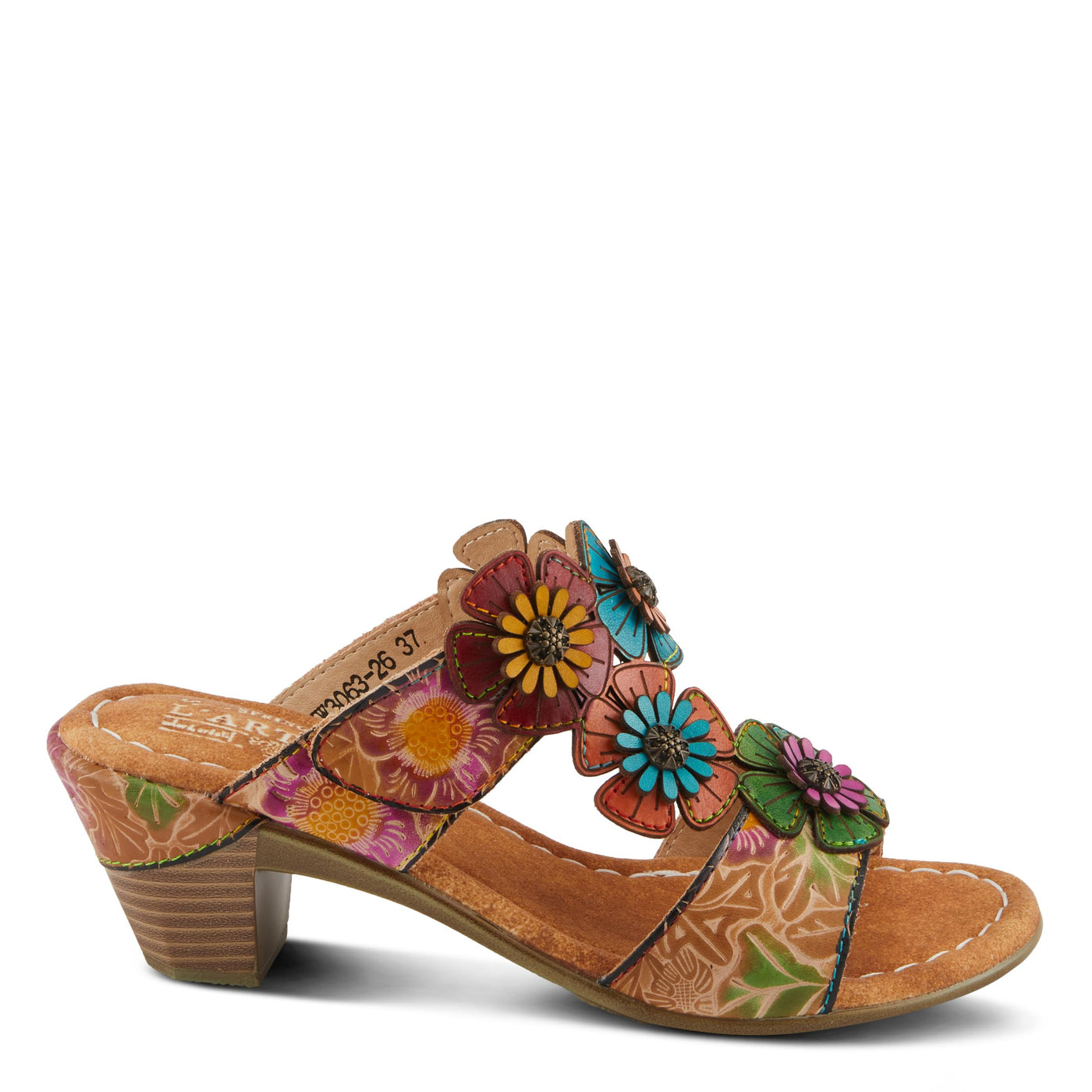 Spring Step L'Artiste Women's SUMMERFUN Hand-Painted Sandals - Leather Wrapped Heel, Asymmetrical Flower Design Tan Multi EU 38 / US 7.5-8