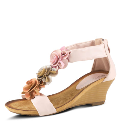 PATRIZIA Spring Step Harlequin Wedge Sandals for Womens - Ladies Sandals with Chic Flower T-Straps - Back Zipper Closure Womens Casuals Sandals - Peach EU 35 / US 5