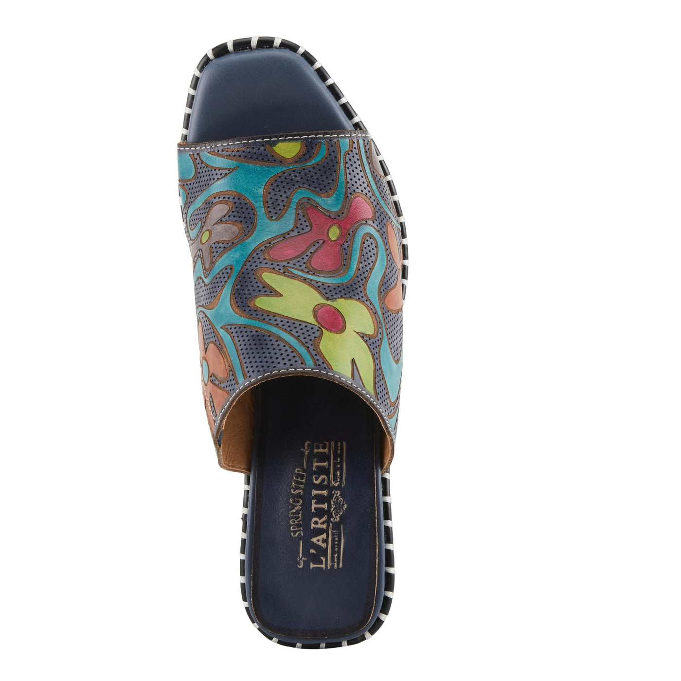 Spring Step L'Artiste Women's COLOSSAL Retro Platform Slides - Hand-Painted Flower Design, Leather-Wrapped Heel