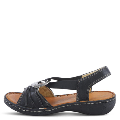 Spring Step Women's KARMEL Comfort Wedge Sandals - Genuine Leather with Elastic Straps & Metal Ornament - Cork-Inspired Textured 1.5" Heel - Hand Crafted in Turkey - Black EU 38/7.5-8