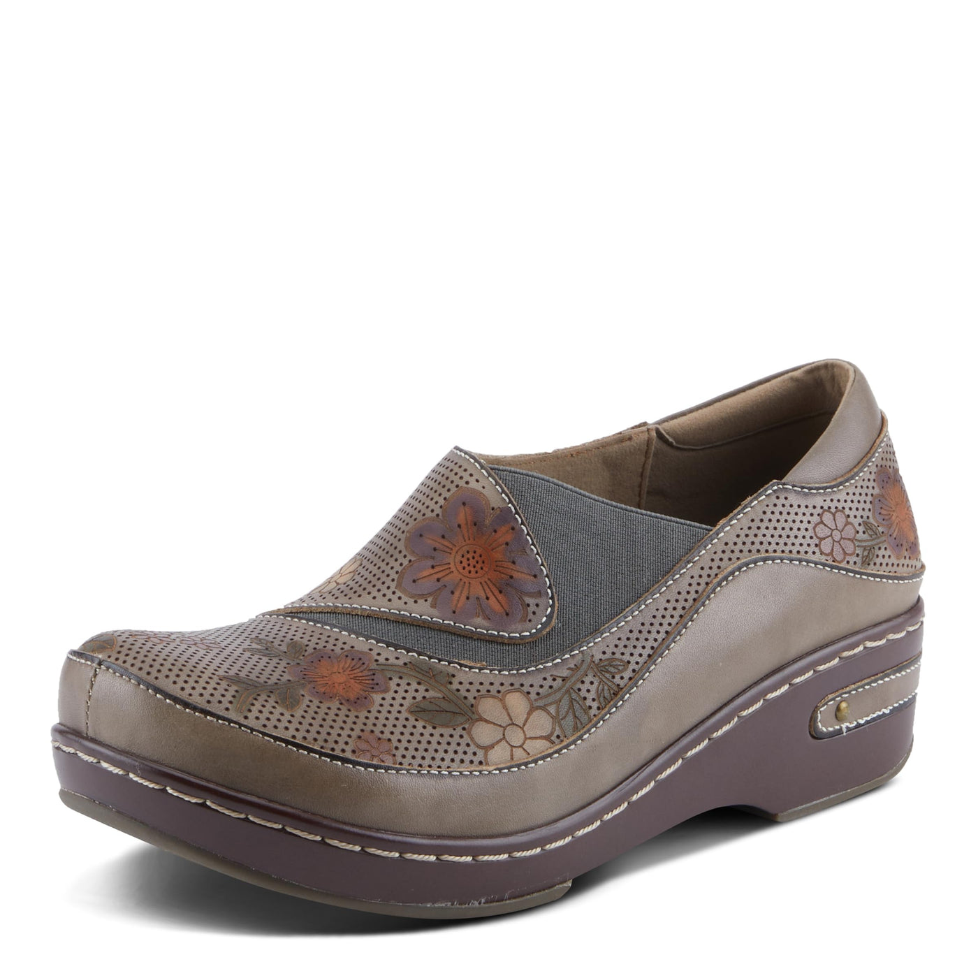 Spring Step L'Artiste Burbank-Flower Women's Bohemian Clogs - Perforated Leather, Artistic Flair, Luxurious Comfort Grey Multi EU 42 / US 10.5-11