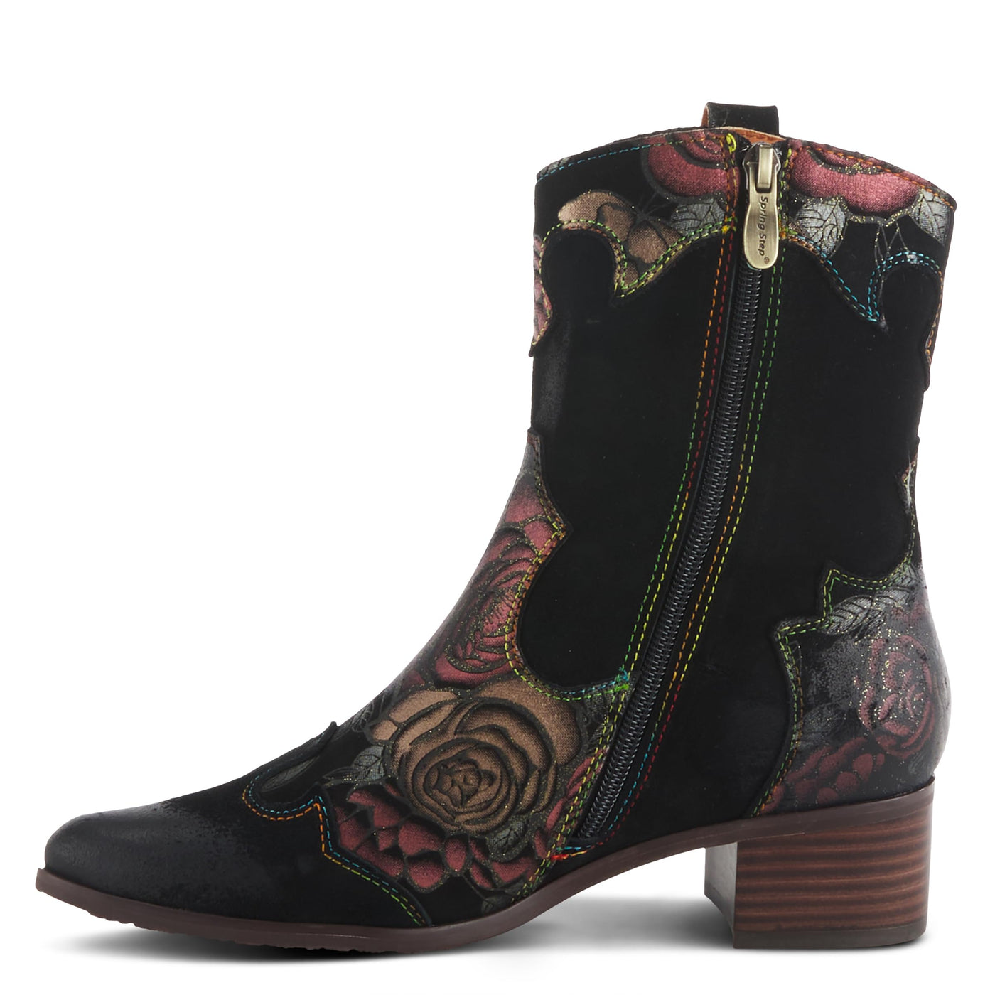 Spring Step L'Artiste Ladyluck Booties for Women - Floral Leather and Suede Women's Chelsea Boots - Western Ankle Boots for Women with Low Heel - Red US 9