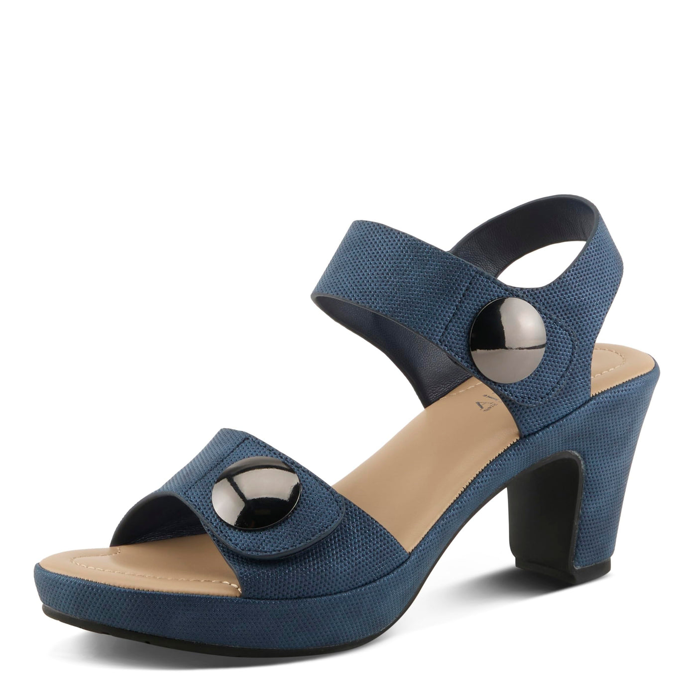 PATRIZIA Women's DADE-WOVEN Hook and Loop Sandals - Textured Faux Leather with Gold Button Accents, Adjustable Fit BLUE EU 37 / US 6.5-7