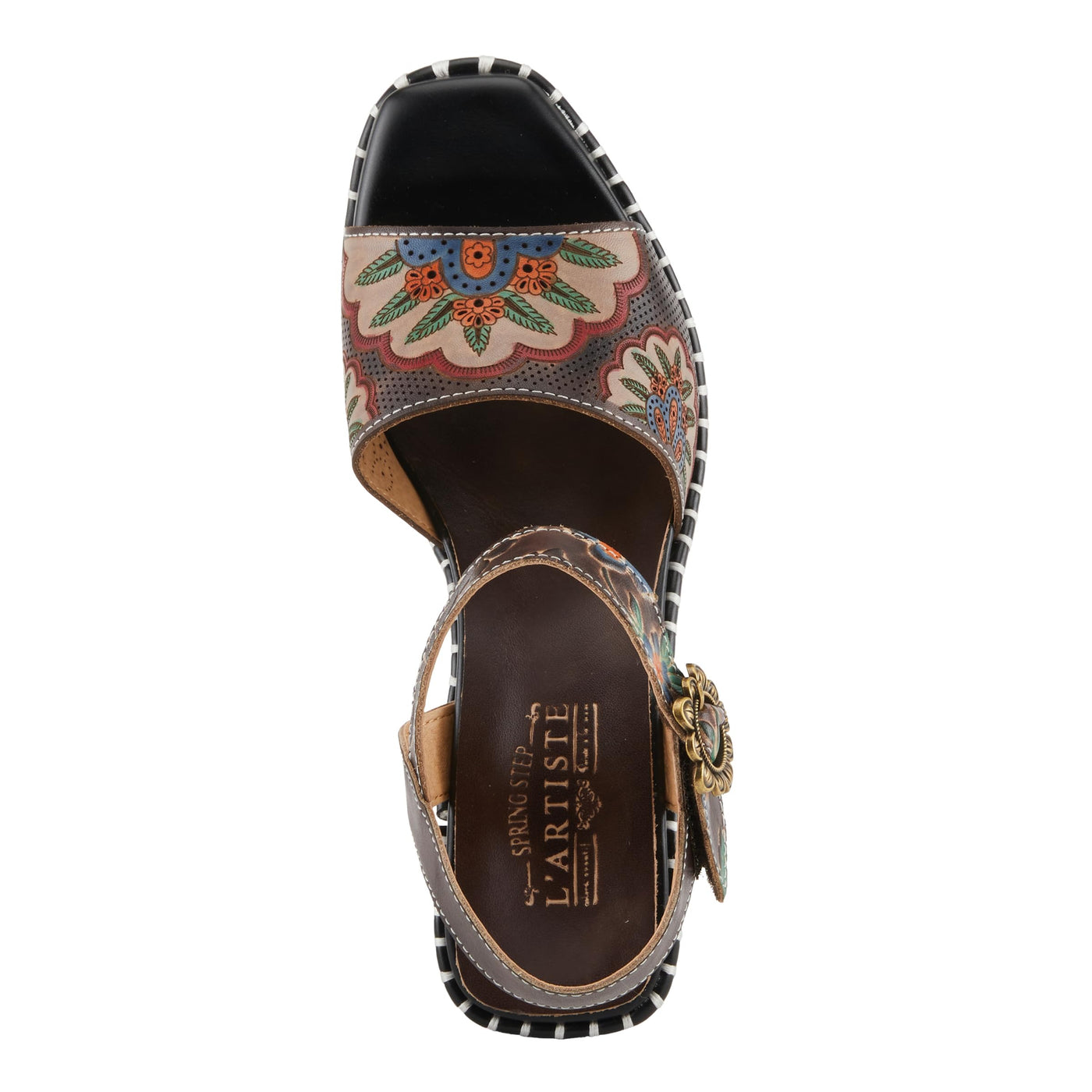 Spring Step L'Artiste Women's GOGETEM Retro Platform Sandals - Hand-Painted Flower Design, Decorative Floral Buckle Chocolate Multi EU 37 / US 6.5-7