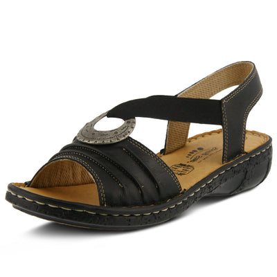 Spring Step Women's KARMEL Comfort Wedge Sandals - Genuine Leather with Elastic Straps & Metal Ornament - Cork-Inspired Textured 1.5" Heel - Hand Crafted in Turkey - Black EU 40/9