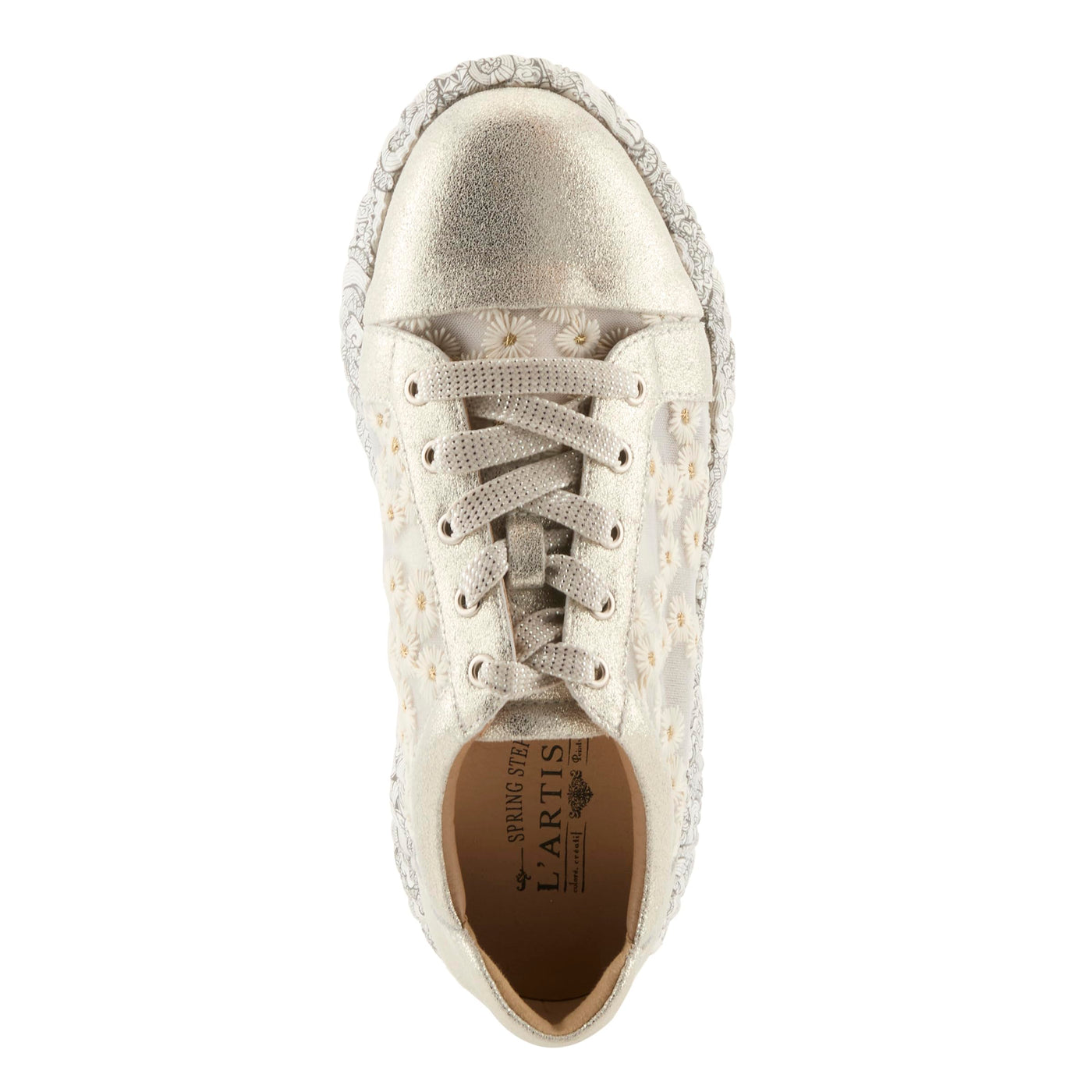 L'Artiste Women's SNEAKHEART Lace-Up Sneakers – Metallic Floral Embroidery, Breathable Mesh, Removable Insole, Street-Chic Design Light Beige Multi EU 38 / US 7.5-8