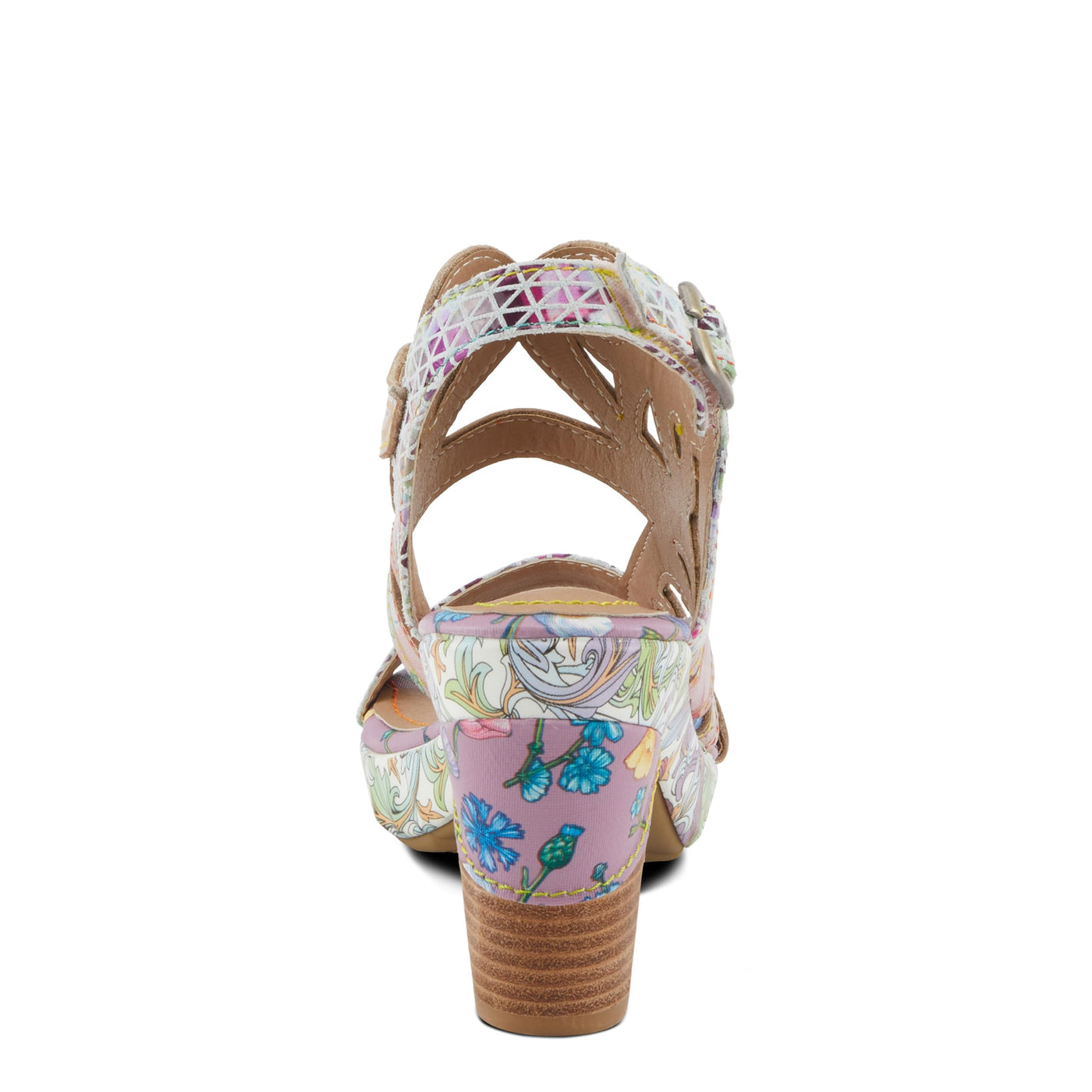Spring Step L'Artiste Women's SWIRLNTWIRL Unique Print Sandals - Leather Wrapped Stacked Heel, Functional Buckle, Vibrant Style