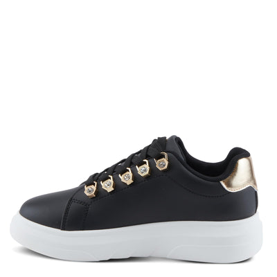 PATRIZIA Women's Leontine Sneakers with D-Ring Metallic Eyelets, Crystal Embellishments, and Comfortable Fit Black EU 37 / US 6.5-7