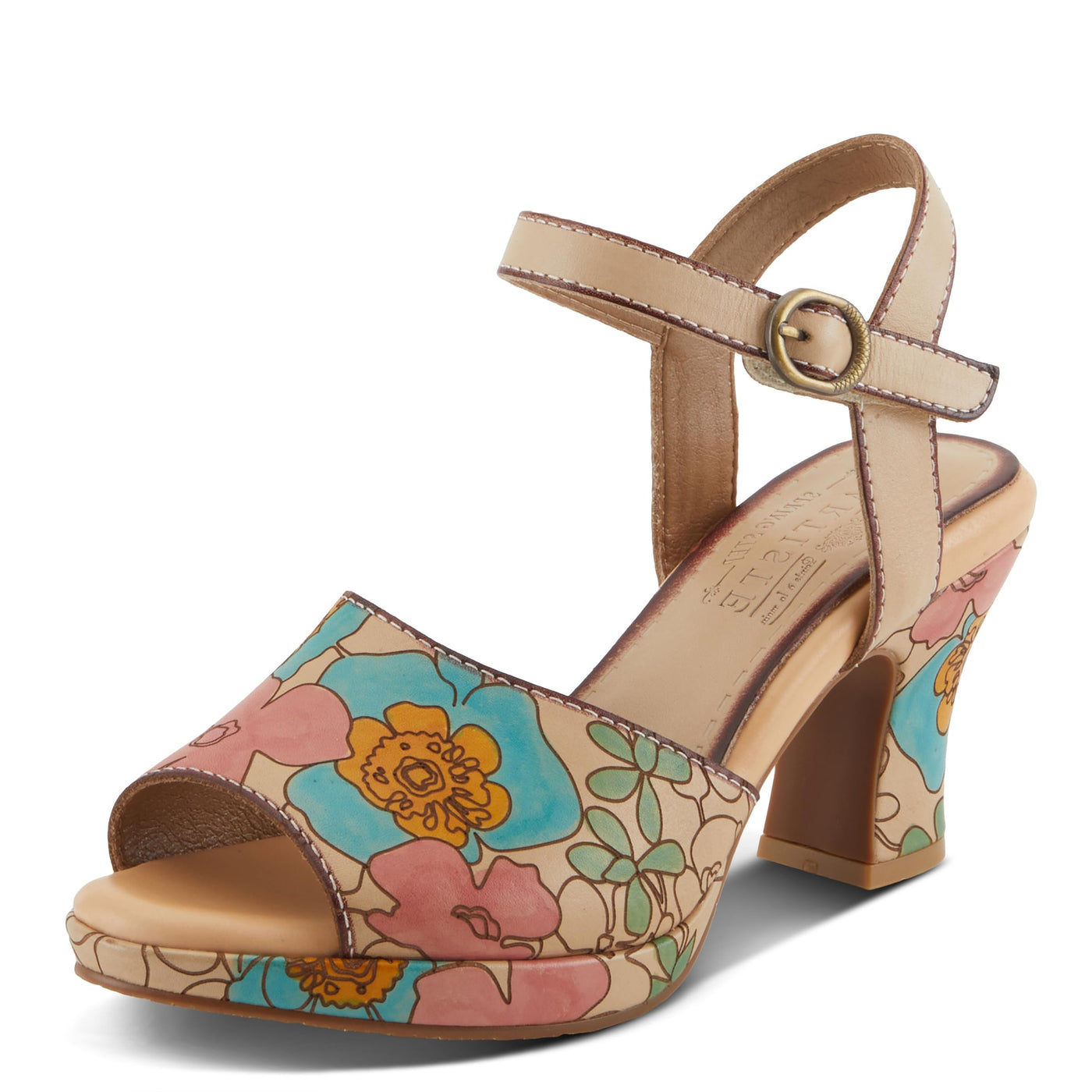 Spring Step L'Artiste Women's CAMRYN Hand-Painted Floral Peep Toe Sandals - Ankle Strap, Stylish Outsole Peach Multi EU 35 / US 5