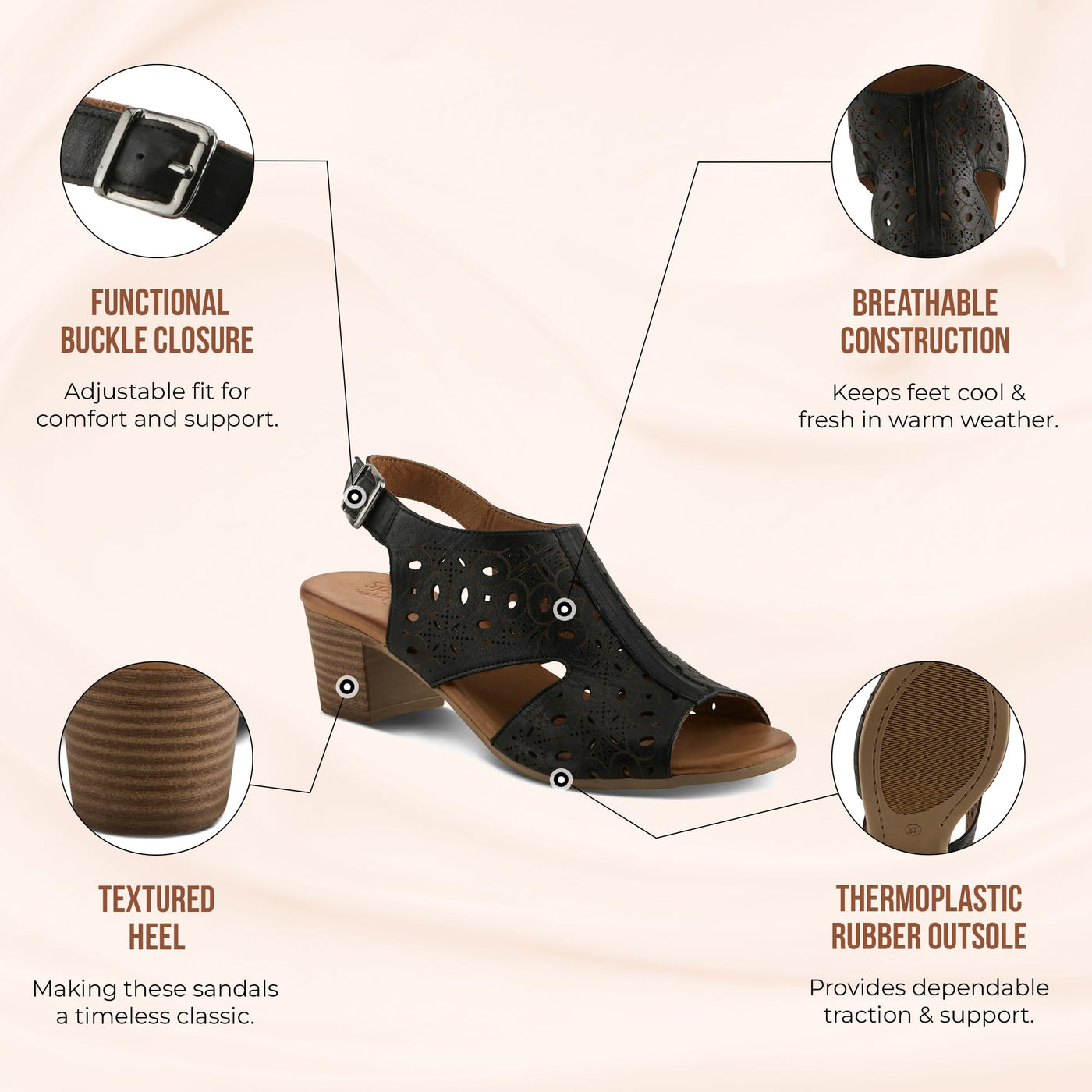 Spring Step Kovach Women's Leather Sandals – Sandals for Women with Premium Buttery Leather, Perforated Design, Buckle Closure, Comfort Footbed Camel, 7.5-8