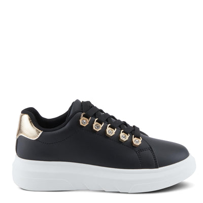 PATRIZIA Women's Leontine Sneakers with D-Ring Metallic Eyelets, Crystal Embellishments, and Comfortable Fit Black EU 41 / US 9.5-10