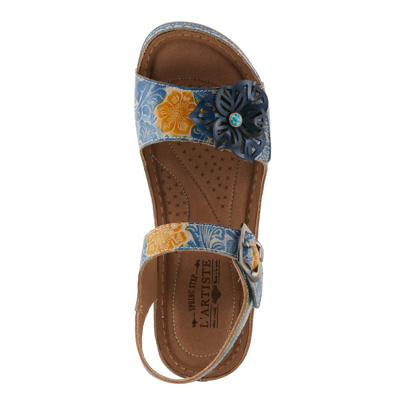 Spring Step L'Artiste Women's JENELLA Hand-Painted Leather Sandals | Chic Floral Embellishments and Customizable Fit Blue Multi EU 40 / US 9