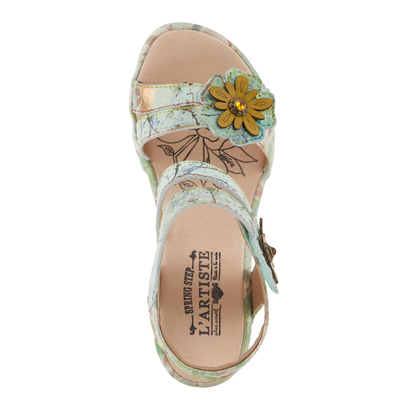 Spring Step L'Artiste Women's Karnitsky Floral Leather Sandals - Hand-Painted Lotus Motif, Metallic Straps Mint Green Multi EU 38 / US 7.5-8