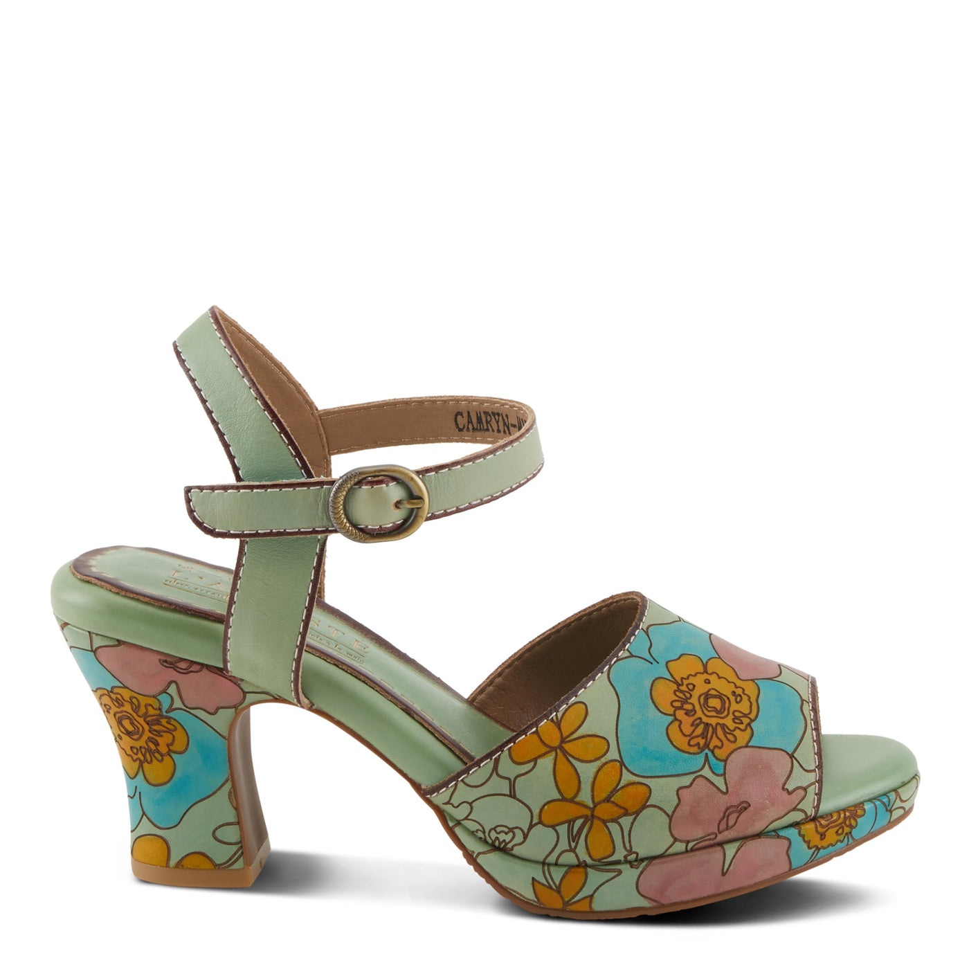 Spring Step L'Artiste Women's CAMRYN Hand-Painted Floral Peep Toe Sandals - Ankle Strap, Stylish Outsole Mint Green Multi EU 37 / US 6.5-7