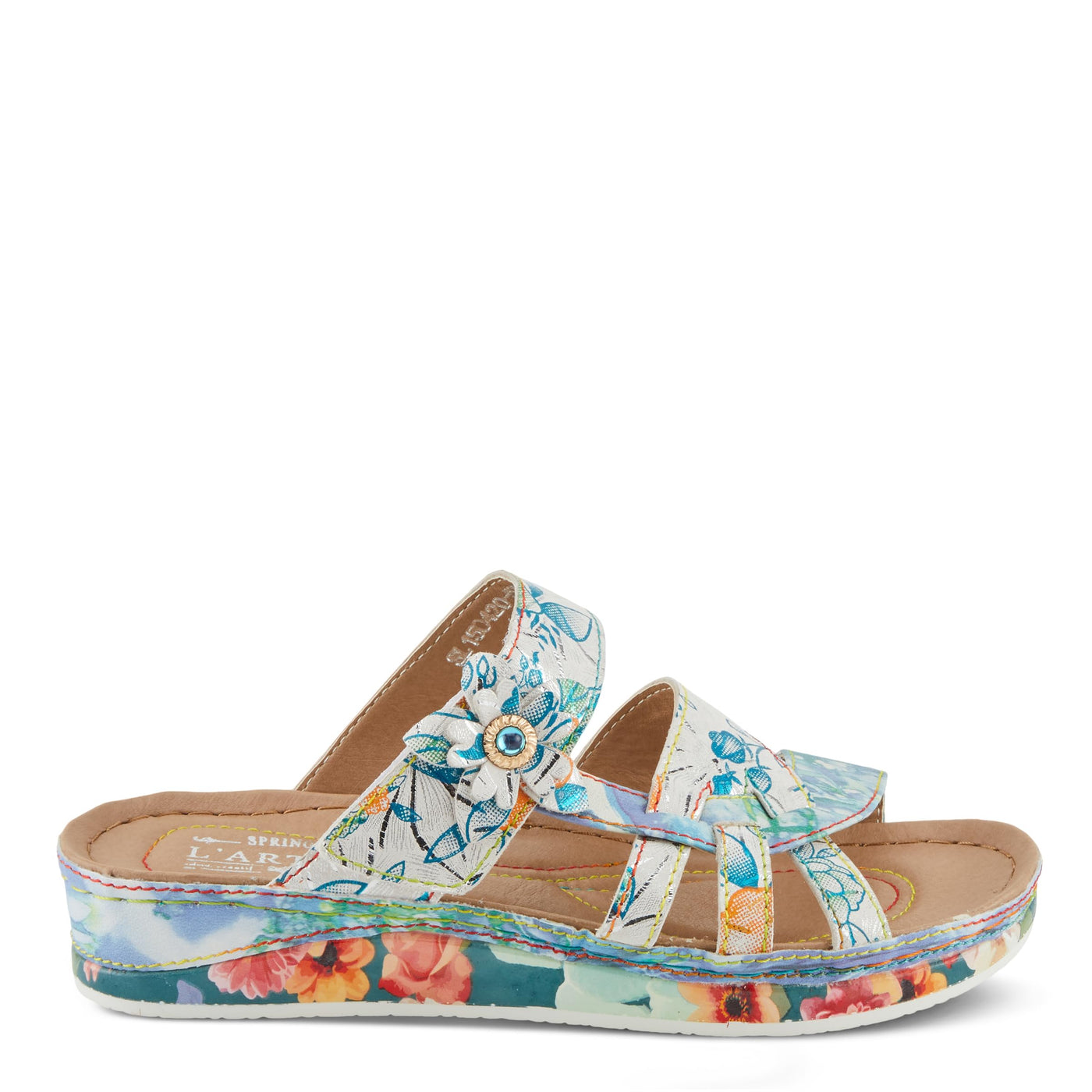 Spring Step L'Artiste Women's CAIMANALA Floral Slide Sandals with Adjustable Closure Sky Blue Multi EU 37 / US 6.5-7