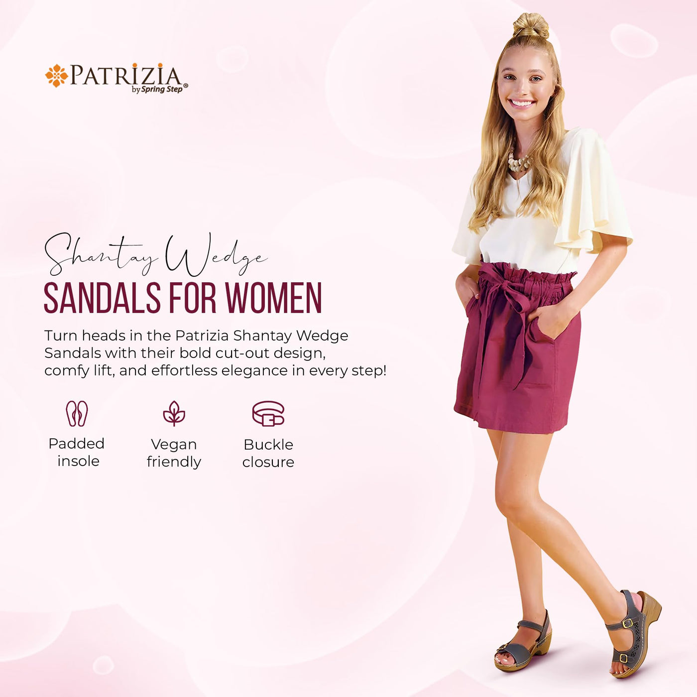 PATRIZIA Spring Step Shantay Wedge Sandals for Women - Ladies Sandals with Ankle Strap Buckle Closures - Womens Casuals Sandals for Outdoor - Dark Red EU 35 / US 5