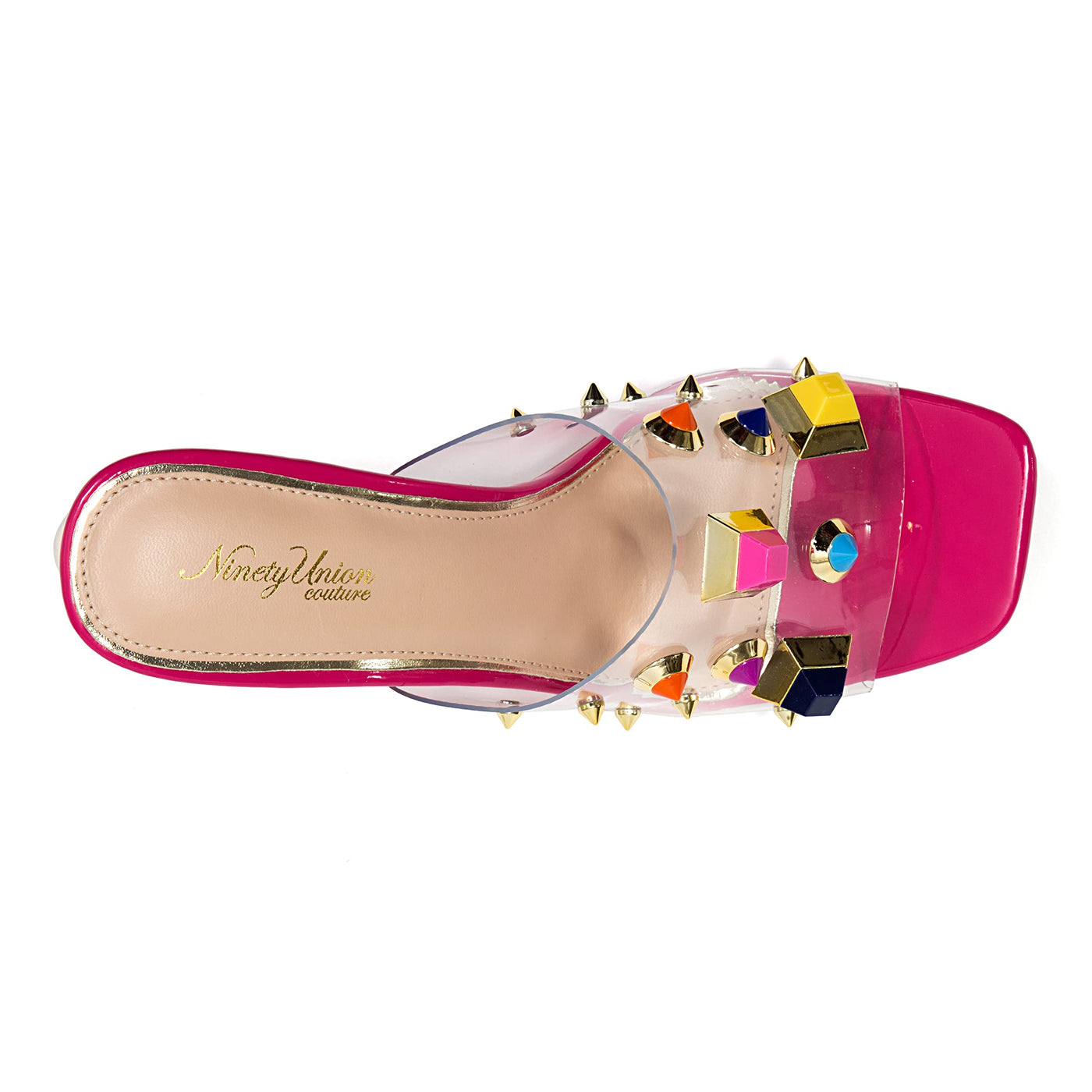 Ninety Union Vegas Lucite Multicolor Stone Slide On a Gold Circular Heel, Berry, 9