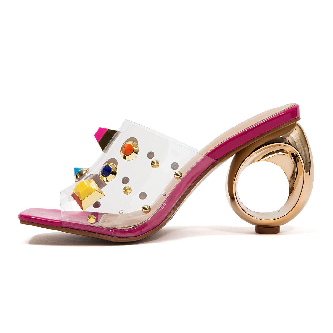 Ninety Union Vegas Lucite Multicolor Stone Slide On a Gold Circular Heel, Berry, 9