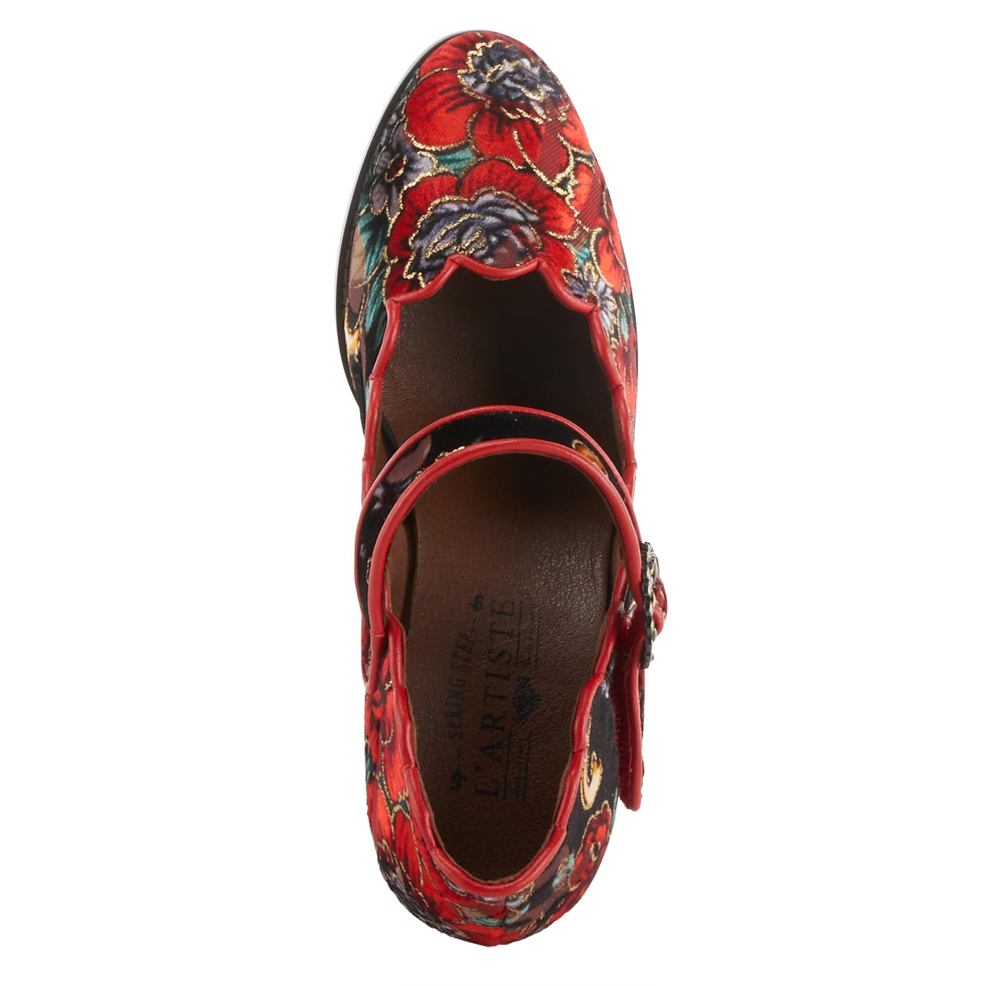 Spring Step L'Artiste Adodora Mary Jane Heeled Shoes for Women - Hand Painted Floral Tapestry, Hook and Loop with Velvet Lining Cushioned Insole, 2.5? Heel, Red Multi EU 35 / US 5