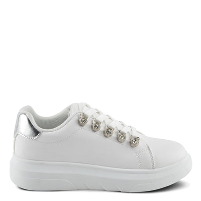 PATRIZIA Women's Leontine Sneakers with D-Ring Metallic Eyelets, Crystal Embellishments, and Comfortable Fit White EU 37 / US 6.5-7