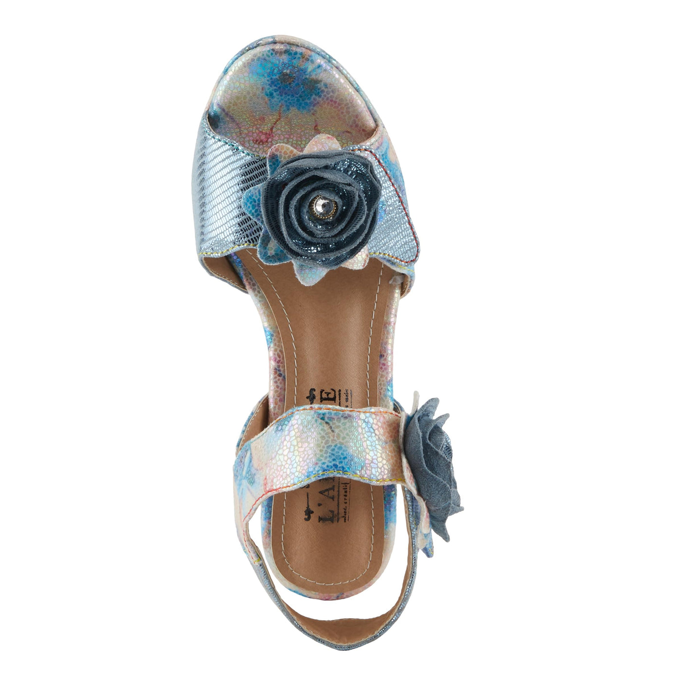 Spring Step L'Artiste Women's SMASHING Metallic Leather Sandals - Opulent Decorative Flowers, Sculpted Jewel Heel, Wearable Art Footwear Blue Multi EU 42 / US 10.5-11