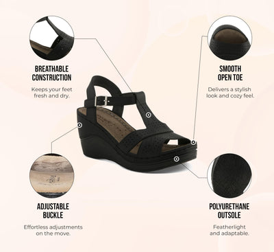 Flexus Natala Slingback Women's Sandal | Sandals for Women with Perforated Upper, Leather Insole and Comfort Wedge Heel,Black EU 40 / US 9