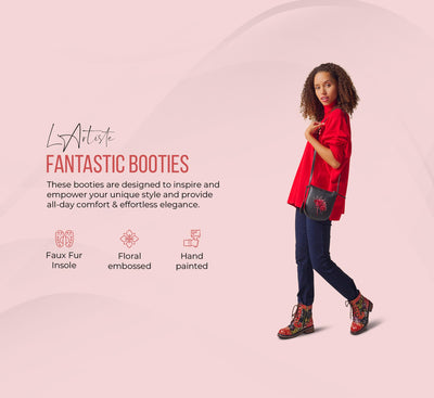 Spring Step L'Artiste Fantastic Booties for Women - Floral Hand Painted Womens Ankle Boots Low Heel - Everyday Wear Leather and Textile Western Booties Red Multi EU 42 / US 10.5-11