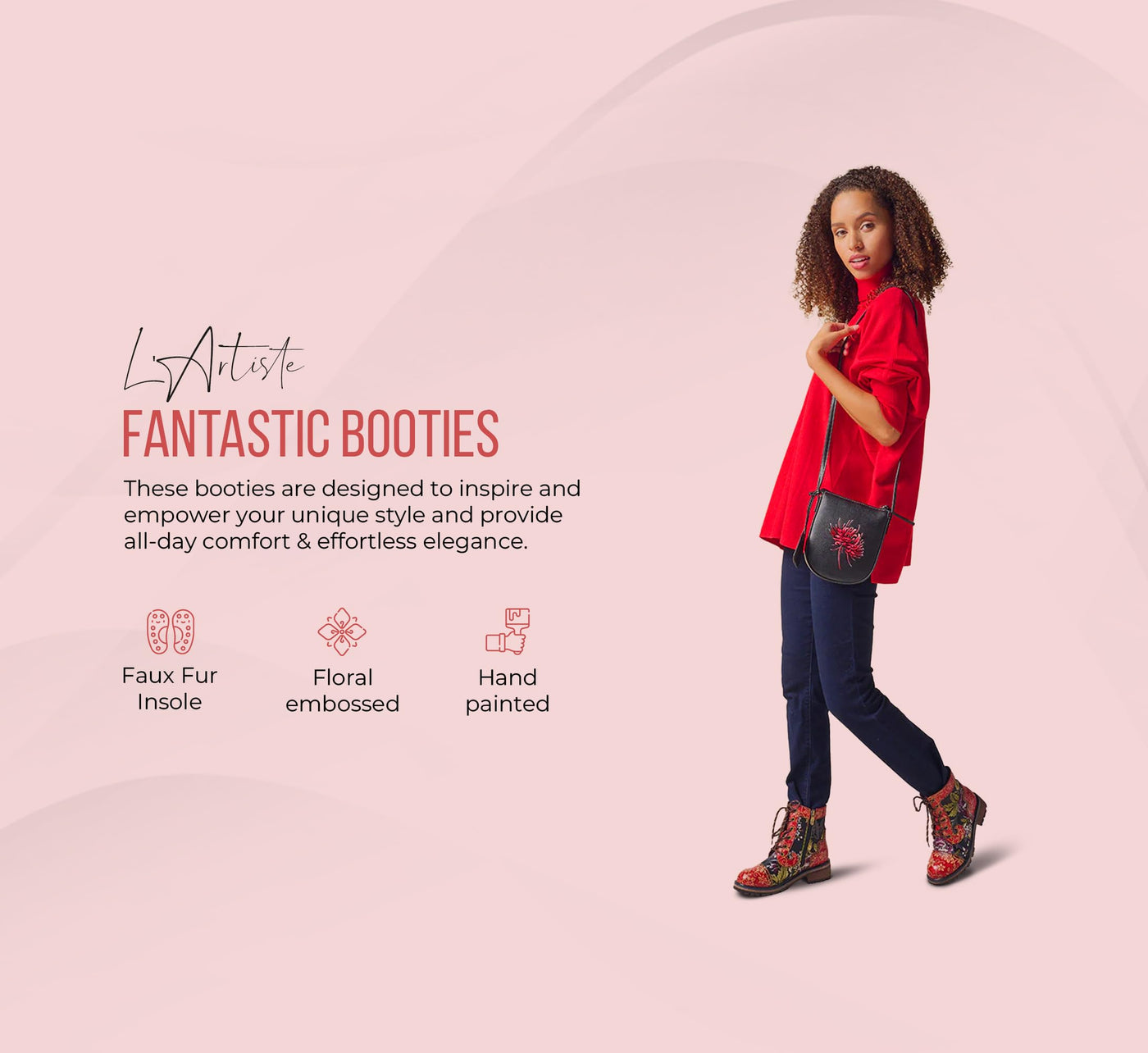 Spring Step L'Artiste Fantastic Booties for Women - Floral Hand Painted Womens Ankle Boots Low Heel - Everyday Wear Leather and Textile Western Booties Brown Multi EU 36 / US 5.5-6