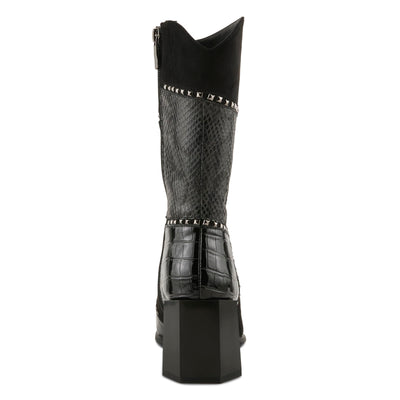 Azura Women's ZAYRINA Mid-Shaft Leather Boots with Animal Print, Stud Details, and Zipper Closure Black EU 38/ US 7.5-8