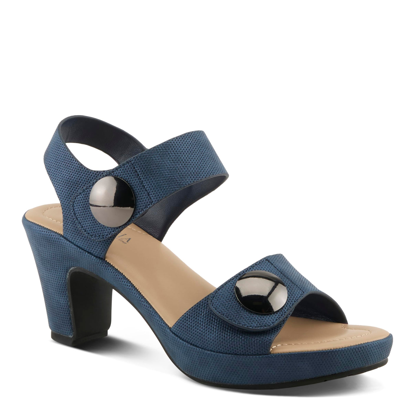 PATRIZIA Women's DADE-WOVEN Hook and Loop Sandals - Textured Faux Leather with Gold Button Accents, Adjustable Fit BLUE EU 38 / US 7.5-8
