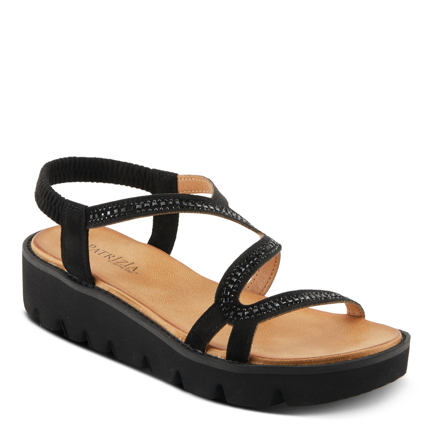PATRIZIA Women's ZIGGED Zigzag Rhinestone Platform Stretch Back Sandals Black EU 38 / US 7.5-8