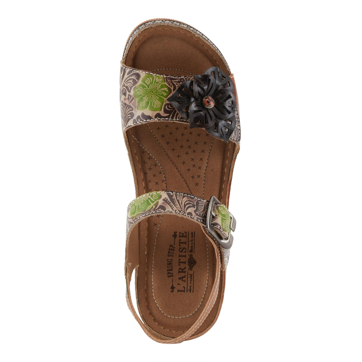 Spring Step L'Artiste Women's JENELLA Hand-Painted Leather Sandals | Chic Floral Embellishments and Customizable Fit Brown Multi EU 39 / US 8.5