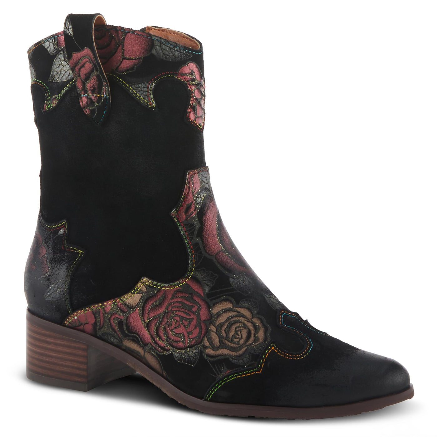Spring Step L'Artiste Ladyluck Booties for Women - Floral Leather and Suede Women's Chelsea Boots - Western Ankle Boots for Women with Low Heel - Red US 8.5